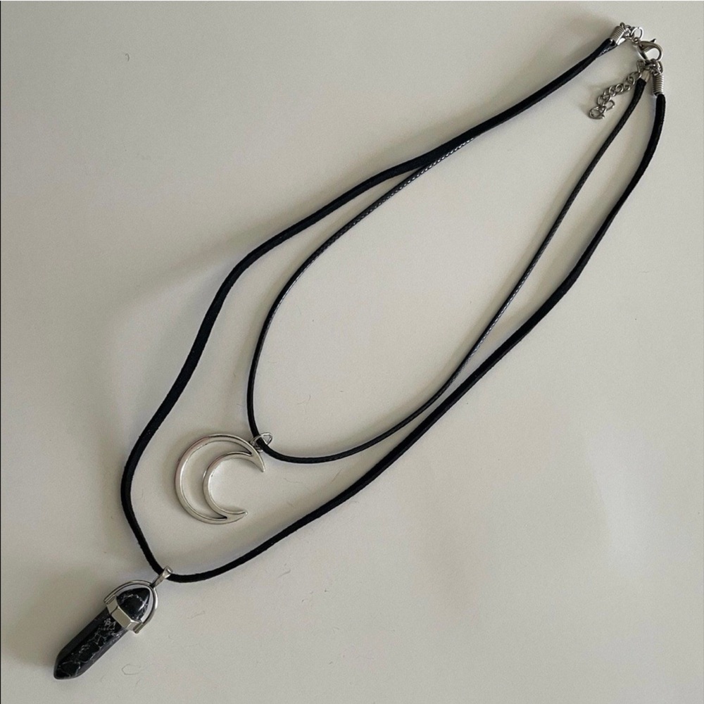 Dual Stranded Crescent Moon & Black Howlite Hexagonal Pendant Necklace